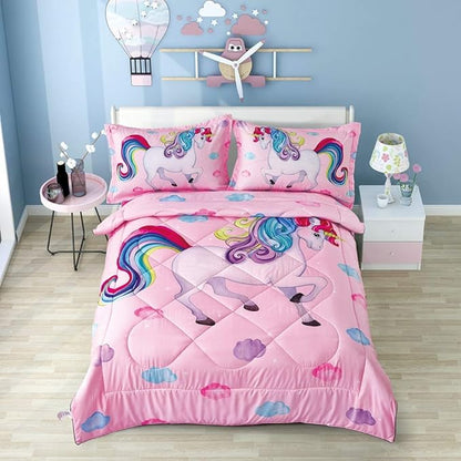 Wowelife Unicorn Bedding Set Twin for Girls Comforter Set Twin 5 Pieces Pink Bedding Set for Girls Rainbow Cloud Unicorn Bed Set Twin Kids Bed in a Bag with Sheets, Super Breathable Soft