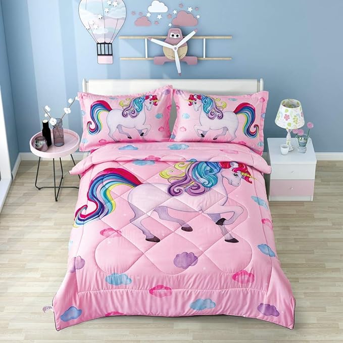 Wowelife Unicorn Full Size Bedding Set 5 Pieces Unicorn Comforter Set Pink 3D Kids Comforter Sets Breathable with Comforter, Flat Sheet, Fitted Sheet and 2 Pillowcases