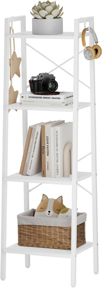 Ladder Shelf, Bookshelf Bookcase, Freestanding Corner Storage Shelve with 2 Hooks for Home Office, Living Room, Kitchen, Bedroom, Industrial, 4-Tier White BC13213W