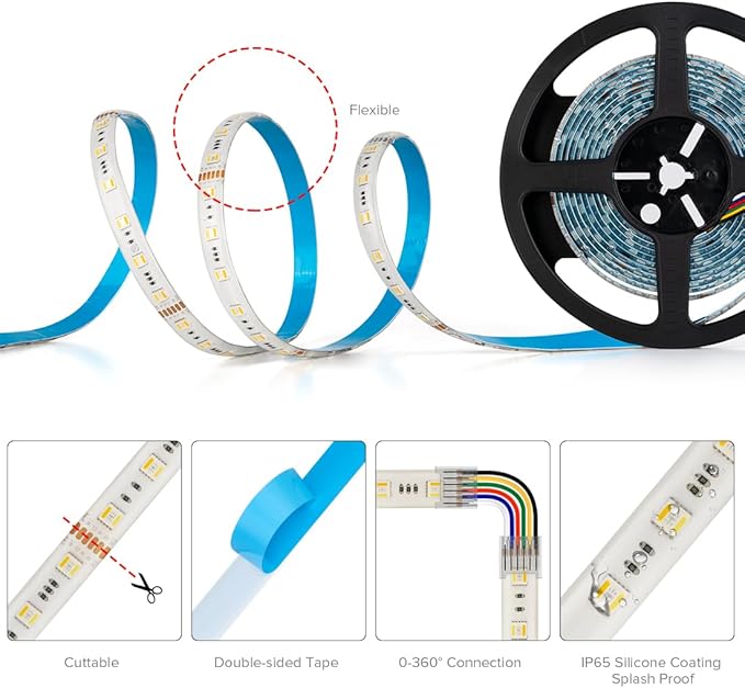 BTF-LIGHTING RGBCCT 5 Colors in 1 LED 5050SMD RGBWW RGB+Dimmable Tunable Color Temperature 2700K-6500K 16.4ft 60LEDs/m 300LEDs DC12V Multi-Colored Tape Lights IP65 White PCB(No Adapter or Controller)