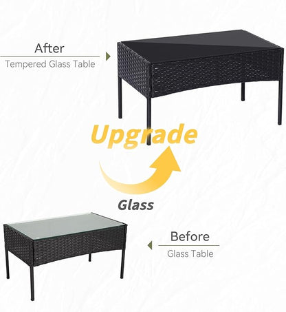 Patio Furniture Set 4 Pieces Conversation Sets Outdoor Wicker Rattan Chairs Garden Backyard Balcony Porch Poolside Loveseat with Soft Cushion and Tempered Glass Table(Black/Beige)