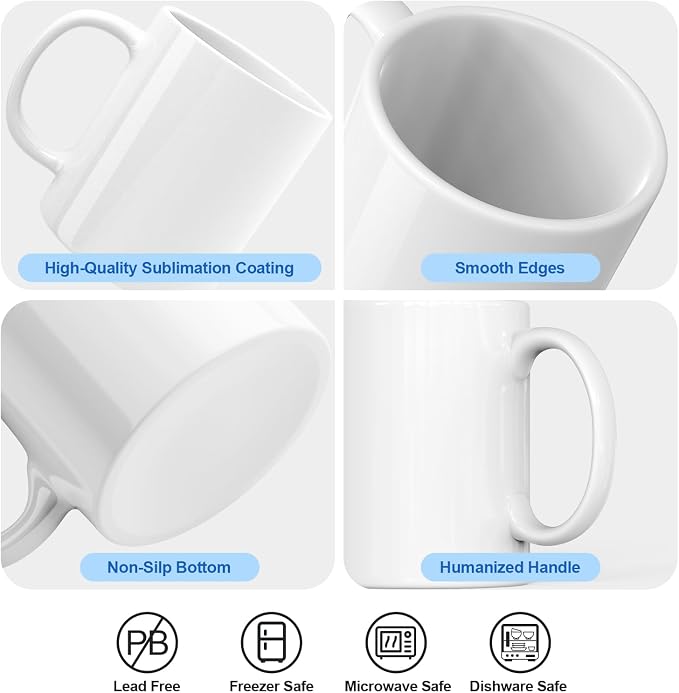 Dmsky Sublimation Coffee Mugs Tazas para Sublimar 11 oz Blank Bulk Coffee Mug White Ceramic Photo Cups with Box, Heat Tape, Sublimation Paper Ideal for Crafts Printing Set of 12