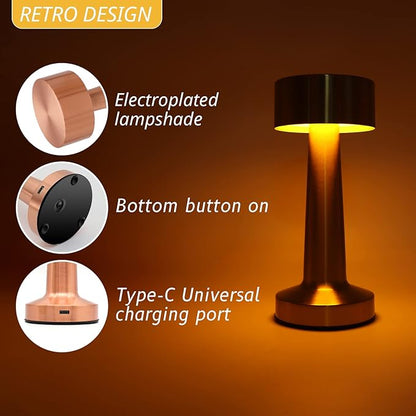 Cordless Portable LED Table Lamp with Touch Sensor, Dimmable Gold Yellow White 3 Colors, Rechargeable Desklamp Night Light for Kids Nursery Bedroom Bedside Lamp (Rose Gold)