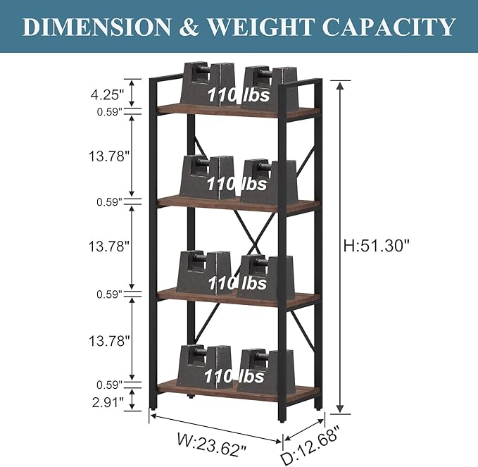 BON AUGURE Industrial 4 Tier Bookshelf, Modern Open Etagere Bookcase, Wood Metal Vintage Shelving Unit for Office Bedroom and Living Room (Rustic Oak)