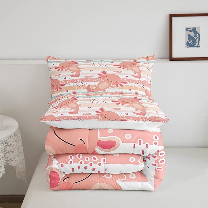 Manfei Cute Axolotl Comforter Set King Size,Rainbow Stripes Quilt Set,Animal Theme Bedding Comforters 3pcs for Kids Teens Girls Boys Room Decor,Pink Romantic Soft Duvet Set with 2 Pillowcases