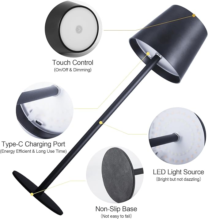 ORALUCE Cordless Table Lamp Rechargeable, Battery Operated LED Desk Lamp with USB Type-C Charging Port, 3 Color Stepless Dimming LED Lamp for Bedroom/Restaurant/Party/Coffee Shop/Camping/Bars, 1 Pack
