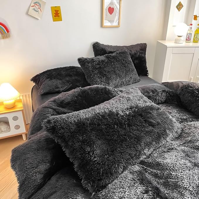 Faux Fur Kids Girls Black Comforter Sets King - 3PC Bed Set Warm Comfortable Soft Plush Flannel Velvet Fluffy Fuzzy Bedding（Comforter x 1 Pillowcases x 2）