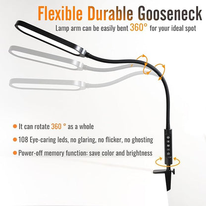 Clamp on Lamp, LED Desk Lamp, 18W, 3000 LMS, 3 Color Modes, 16 Brightness Levels, CRI>95, 0.5H/1H Timer, Eye-Caring Task Lamp with Remote for Reading, Home, Office (Adapter Included)