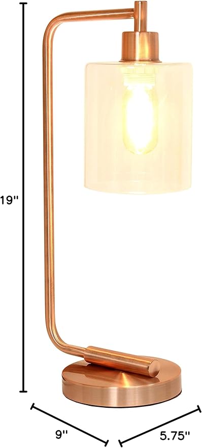 Simple Designs LD1036-RGD Bronson Antique Style Industrial Iron Lantern Desk Bedside Glass Shade Table Lamp, Rose Gold