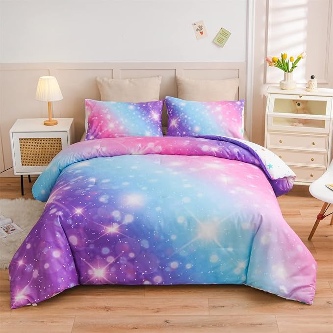 Holawakaka Kids Space Star Glitter Comforter Set Ombre Pink & Blue Print Gradient Bedding Set Twin Size (Pink Lavender, Twin)