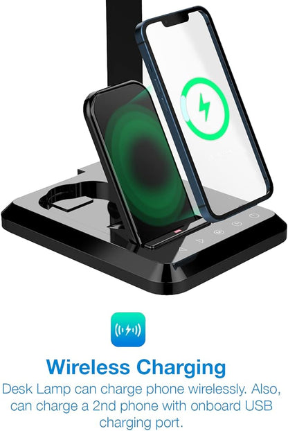 Fugetek LED Desk Office Lamp with Wireless Charger & USB Charging Port, Touch Control, 5 Lighting Modes, 30/60 Min Auto Timer, Eye-Caring, Dimmer, Black