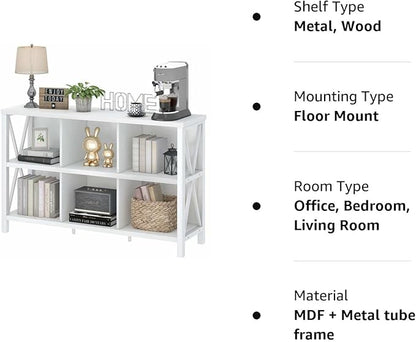 FATORRI 6 Cube Storage Organizer with Shelf, Long Wood and Metal Cubby Bookcase, Industrial Horizontal Bookshelf (White Oak, 47 Inch)