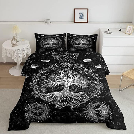Feelyou Sun and Moon Comforter Bohemian Tree Butterfly Style Bedding Set Psychedelic Hippie Comforter Set for Boys Girls Children Teens Bedroom Decor Galaxy Astrology Duvet Set King Size