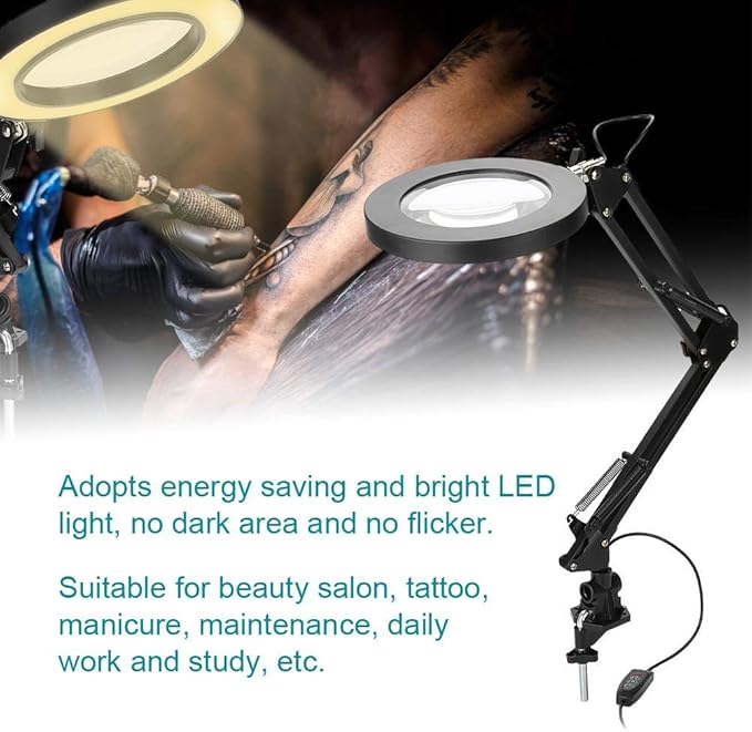 LED Magnifying Lamp with Clamp, 5X Magnifier Glass Light Lens, USB Dimmable Desk lamp for Table Craft or Workbench