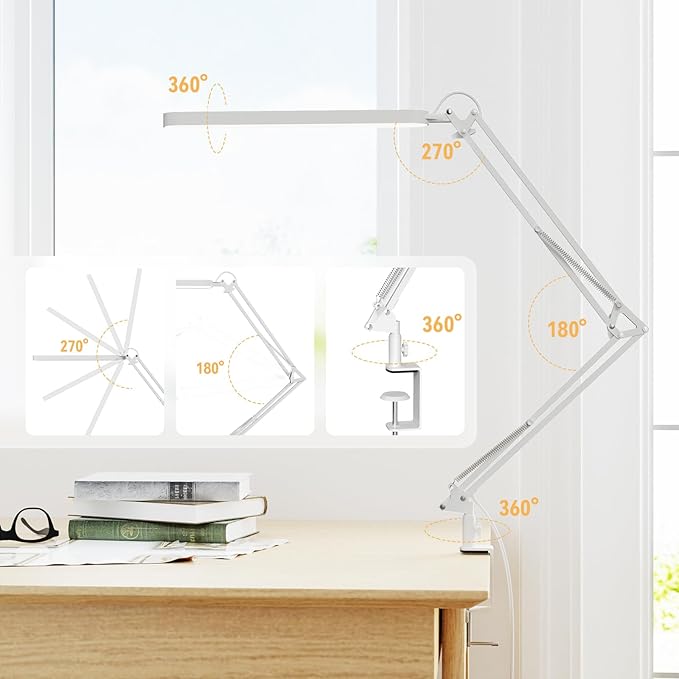 SKYLEO Desk Lamp - 31.5" Desk Light - 5 Color Modes X 11 Brightness Levels - Adjustable Swing Arm - Timmer & Memory Function - 12W Study Lamp - White