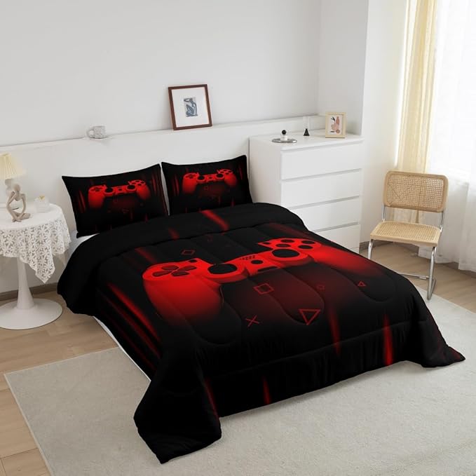 Feelyou Twin Comforter Set for Boys Gamer Bedding Set for Boys Kids Gaming Comforter Red Black Teen Child Gamer Room Decor Soft Game Geometric Duvet Quilted 1 Comforter with 1 Pillowcase Gamer Gifts