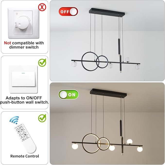 ORANOOR Modern LED Pendant Lights, Dimmable 47inch Linear LED Chandelier | Upgraded Black & Gold Dining Room Hanging Light Fixtures Kitchen Island Globe Pendant Lighting for Dining Table (4200lm)
