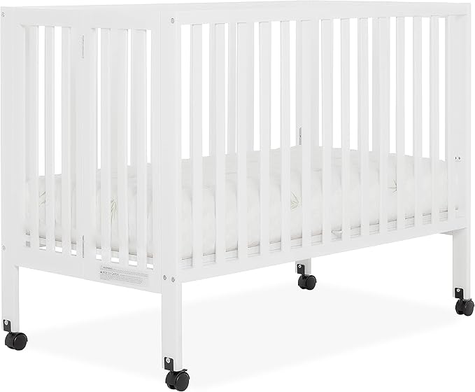Quinn Full-Size Folding Crib In White, Removeable Wheels, Modern Nursey, Adjustable Mattress Support, Portable Crib, Patented Folding System