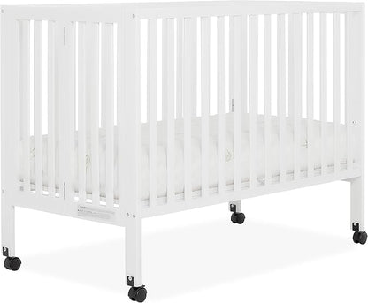 Quinn Full-Size Folding Crib In White, Removeable Wheels, Modern Nursey, Adjustable Mattress Support, Portable Crib, Patented Folding System