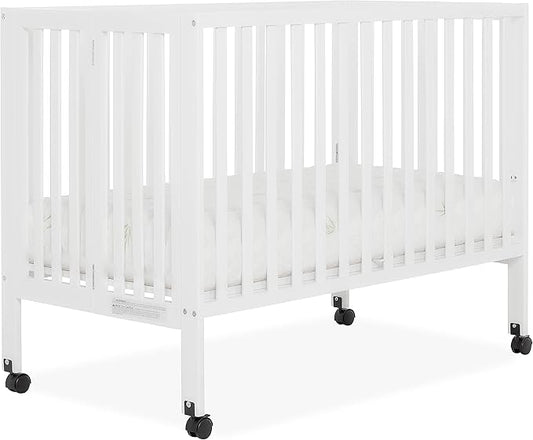 Quinn Full-Size Folding Crib In White, Removeable Wheels, Modern Nursey, Adjustable Mattress Support, Portable Crib, Patented Folding System