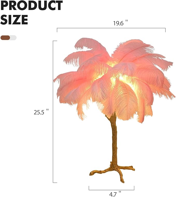 Ostrich Feather Desk Lamp Bedside Pink Cute Lamp Gold Resin Table Lamp, Coconut Tree Feather Lamp for Bedroom Living Room Hallway Wedding Girls Bedroom Night Light G4 Base