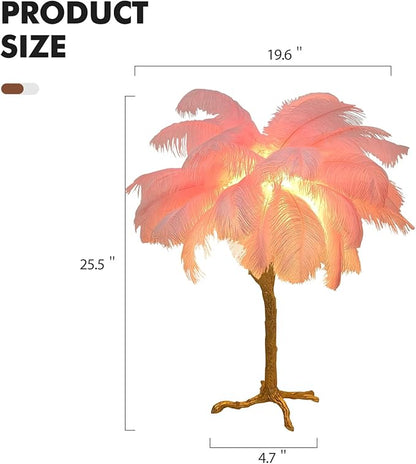 Ostrich Feather Desk Lamp Bedside Pink Cute Lamp Gold Resin Table Lamp, Coconut Tree Feather Lamp for Bedroom Living Room Hallway Wedding Girls Bedroom Night Light G4 Base
