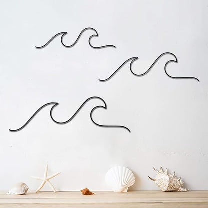 Qmetalart Wave Wall Decor Black Metal Wire Wall Art Ocean Coastal Sea Beach Pictures Surf Nursery Themed Hanging for Home Living Room Sum-mer Seaside Decoration for Bedroom Bathroom