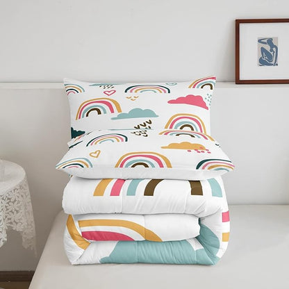 Girly Rainbow Comforter Set Queen Size,Hand Drawn Kawaii Rainbow Bedding Sets for Kids Children,Lovely Cartoon Style Clouds Love Heart Duvet Insert Abstract Artwork Down Comforter with 2 Pillow Shams