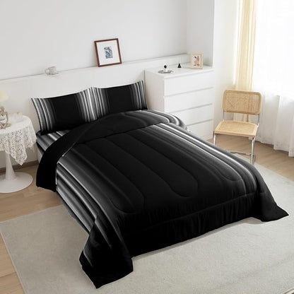 Feelyou Geometric Abstract Ombre Bedding Set Men Adults Teens Grey Gray and Black Striped Comforter Set Kids Boys Girls Simple Modern Quilt Setwith 2 Pillowcases 3Pcs Bedding Queen