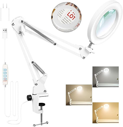 Magnifying Glass with Light and Clamp, 10X Real Glass Magnifier with Light, 3 Color Modes Stepless Dimmable Lighted Magnifying Glass, Magnifying Lamp for Repair Crafts Close Work- WHITE