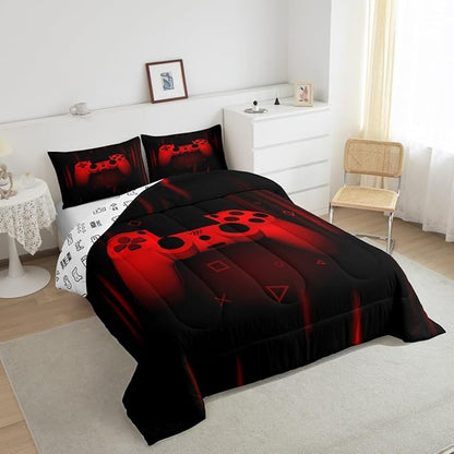 Feelyou Queen Comforter Set for Boys Gamer Bedding Set for Boys Kids Gaming Comforter Red Black Teen Child Gamer Room Decor Soft Game Geometric Duvet Quilted 1 Comforter with 2 Pillowcases Gamer Gifts