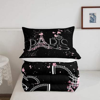 Eiffel Tower Comforter Set Chic Paris Bedding Set Romantic Theme Comforter for Boys Girls Children Teens Black Pink Bedroom Decor Modern French Style Duvet Set King Size with 2 Pillow Case