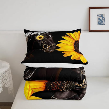 Erosebridal Horse Comforter Set Queen,Sunflower Horse Bedding set for Boys Girls Teens Adults,Western cowboy Farmhouse Down Comforter farm animal Quilt Duvet Sets Bedroom Decor 2 Pillow Cases Black
