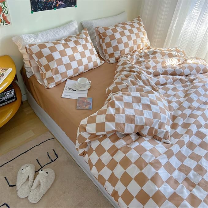 Wellboo Light Brown Plaid Comforter Sets Queen Women Men Cream Coffee and White Checkerboard Grid Bedding Comforters Cotton Boys Girls Modern Light Taupe Checkered Geometric Quilts Luxury Abstract Bed