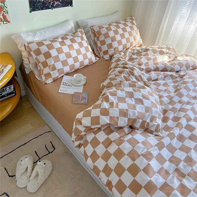 Wellboo Light Brown Plaid Comforter Sets King Women Men Cream Coffee and White Checkerboard Grid Bedding Comforters Cotton Boys Girls Modern Light Taupe Checkered Geometric Quilts Luxury Abstract Bed