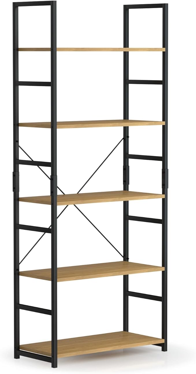 NUMENN 5 Tier Bookshelf, Tall Bookcase Shelf Storage Organizer, Modern Book Shelf for Bedroom, Living Room and Home Office, Natural