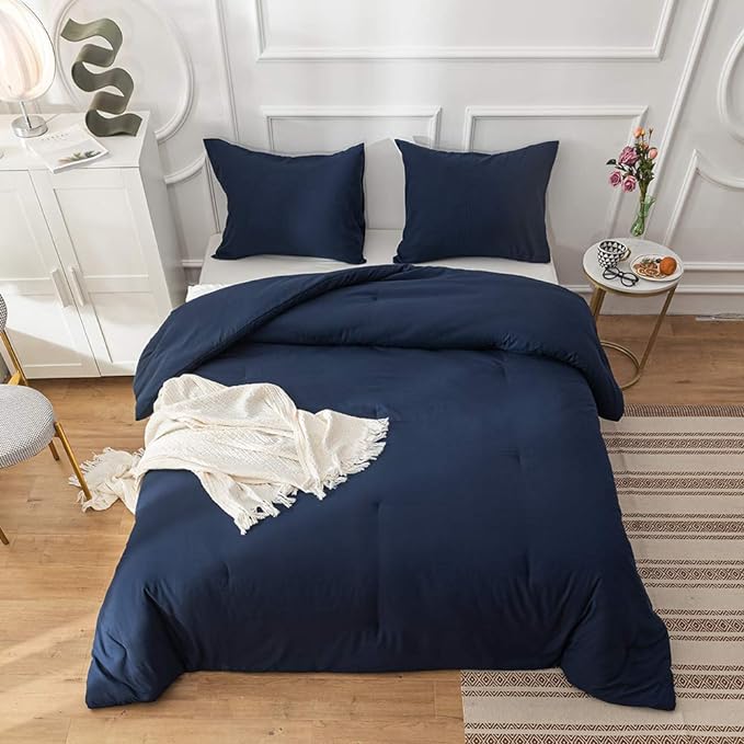 Navy Blue Comforter Queen Navy Blue Bedding Set Soft Dark Navy Bedding Comforter Set Men Navy Blue Bed Set Women Breathable Durable Bed Comforter Set Dark Navy Bedding Set Queen
