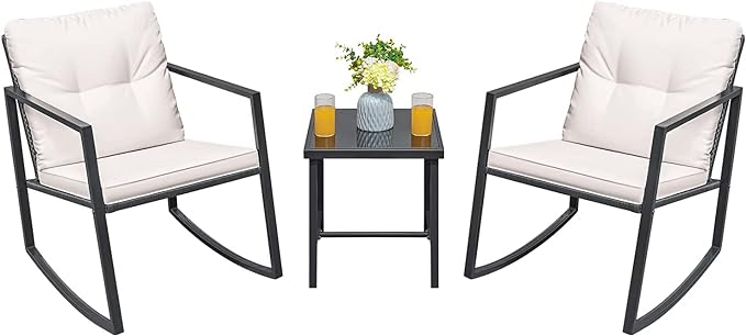 Greesum 3 Pieces Rocking Wicker Bistro Set, Patio Outdoor Furniture Conversation Sets with Porch Chairs and Glass Coffee Table, Beige