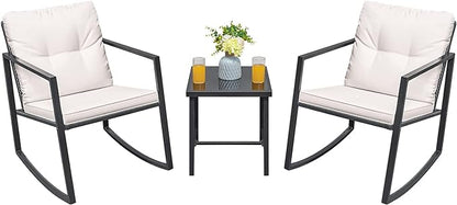 Greesum 3 Pieces Rocking Wicker Bistro Set, Patio Outdoor Furniture Conversation Sets with Porch Chairs and Glass Coffee Table, Beige