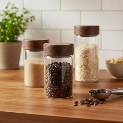 Glass Storage Jar with Acacia Wood Lid, Borosilicate Food Canister for Coffee Beans Tea Sugar Dry Pantry Staples (1 PC)