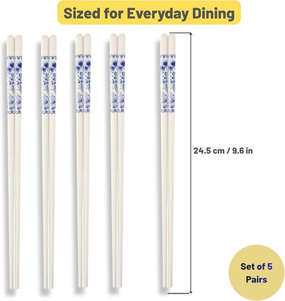 Porcelain Chopsticks Set of 5 Pairs, Reusable Bone Ceramic Chopsticks, Dishwasher Safe, Non-Slip Design, Elegant Gift Box for Family or Restaurant Use (Camellia)