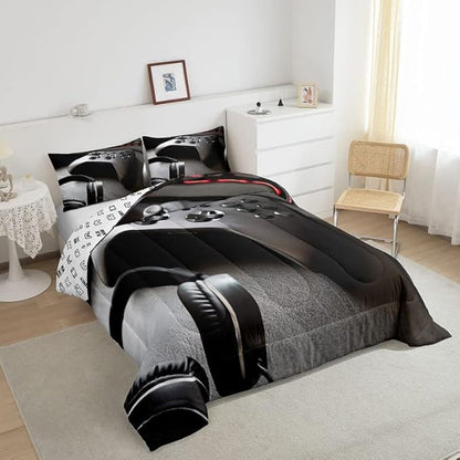 Feelyou Gaming Bedding Set Boys Game Controller Comforter for Kids Girls Teens Modern Gamer Headset Comforter Set Youth Gaming Console Video Game Decor Duvet Set with 1 Pillow Case Twin Size Black