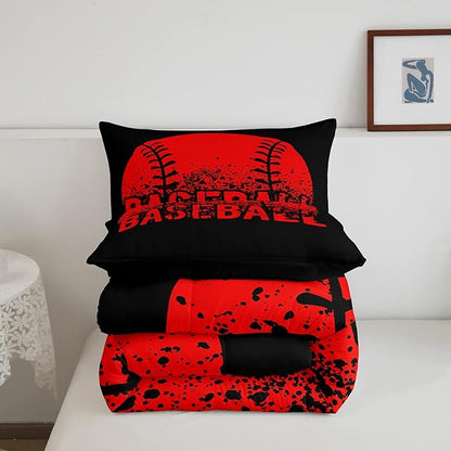 Baseball Comforter Set Twin Size Kids Red Black Sports Quilt Bedding Set For Boys Girls,Reversible Black Bedding Comforter Sets Soft Lightweight For All Season,1 Comforter And 1 Pillow Case