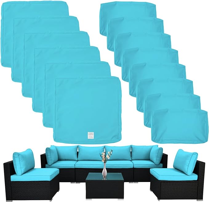 ClawsCover 14Pack Outdoor Patio Seat and Back Cushions Replacement Covers Fit for 7Pieces 6-Seater Wicker Rattan Sectional Couch Chair Furniture Set,Turquoise-Include Cover Only (Large)