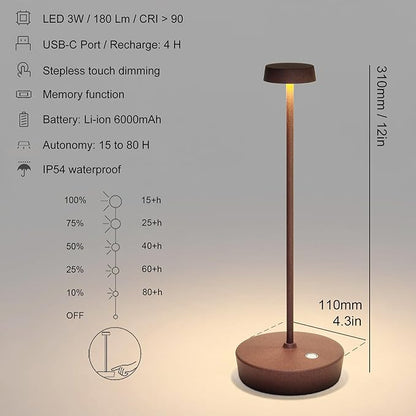 2 Pack Rechargeable Cordless Table Lamp Outdoor Portable LED Battery Operated Light - 3 Color Temperatures Touch Dimmable, IP54 Protection, Suitable for Indoor or Outside (Rust)