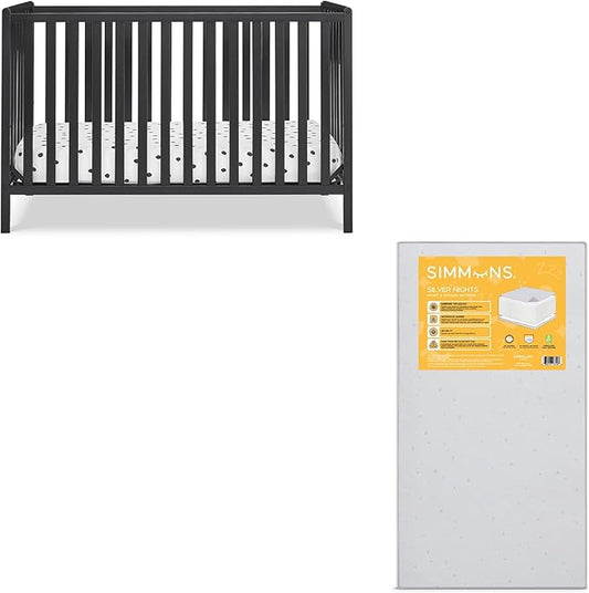 Delta Children Heartland 4-in-1 Convertible Crib, Black + Twinkle Galaxy Crib and Toddler Mattress (Bundle)