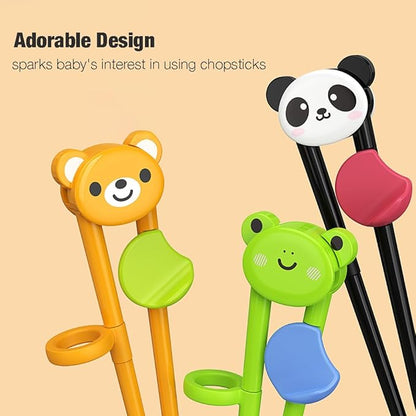 PandaEar 3 Pairs Animal Toddler Training Chopsticks for Kids, Reusable Beginners Learning Chopsticks with Silicone Finger Guide, Frog, Bear & Panda Helpers for Boys and Girls Ages 2-8
