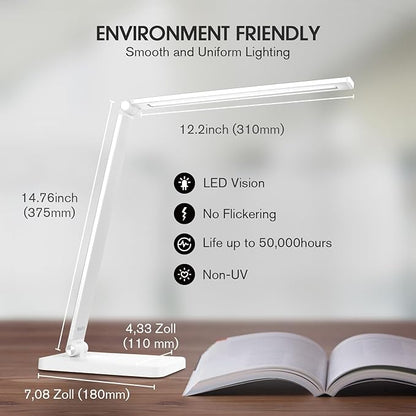 mafiti LED Desk Lamp for Home Office,Touch Desk Light 5 Light Modes 3 Brightness,Foldable Table Lamp with Adjustable Arm,Eye-Caring Lamp with USB Port, Bedside Lamp for Working Reading Study,White