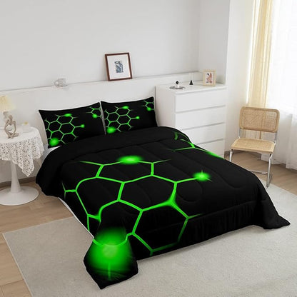 Hexagonal Comforter Set Geometric Honeycomb Bedding Set for Kids Adults Neon Green Black Comforter Modern Hexagon Beehive Quilt Set Ultra Soft Room Decor King Size Bedroom Collection 3Pcs