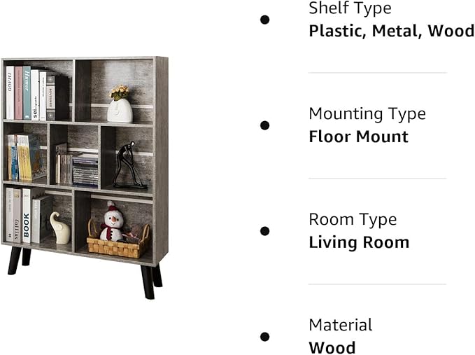 LEYAOYAO Bookshelf Cube Storage Organizer,3 Tier Bookcase with Legs,Modern Wood Open Shelf,Dirty Grey Bookshelves,Free Standing Display Short Book Shelves for Narrow Space,Bedroom,Living Room,Office